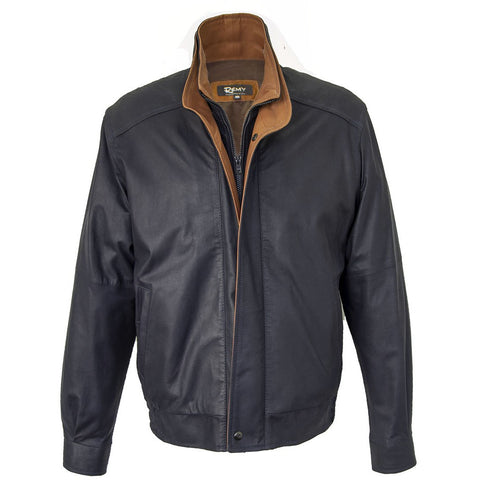 6005 - Men's Leather Double Collar Bomber Jacket | Navy/Timber