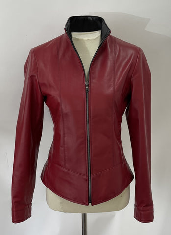 3074- Ladies Zip Up Leather Jacket | Scarlet/Noir