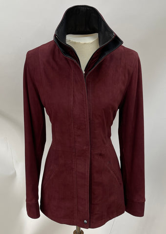 7059 - Ladies Leather Double Collar 3/4 Length Coat | Wine/Noir