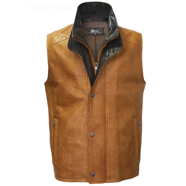 2288 - Mens Leather Double Collar Vest in Cedar/Cognac