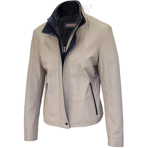 3050 - Ladies Double Collar Leather Jacket in Ivory/Harbor