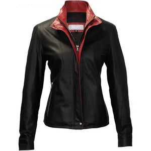 3050 - Ladies Double Collar Leather Jacket in Peat/Scarlett
