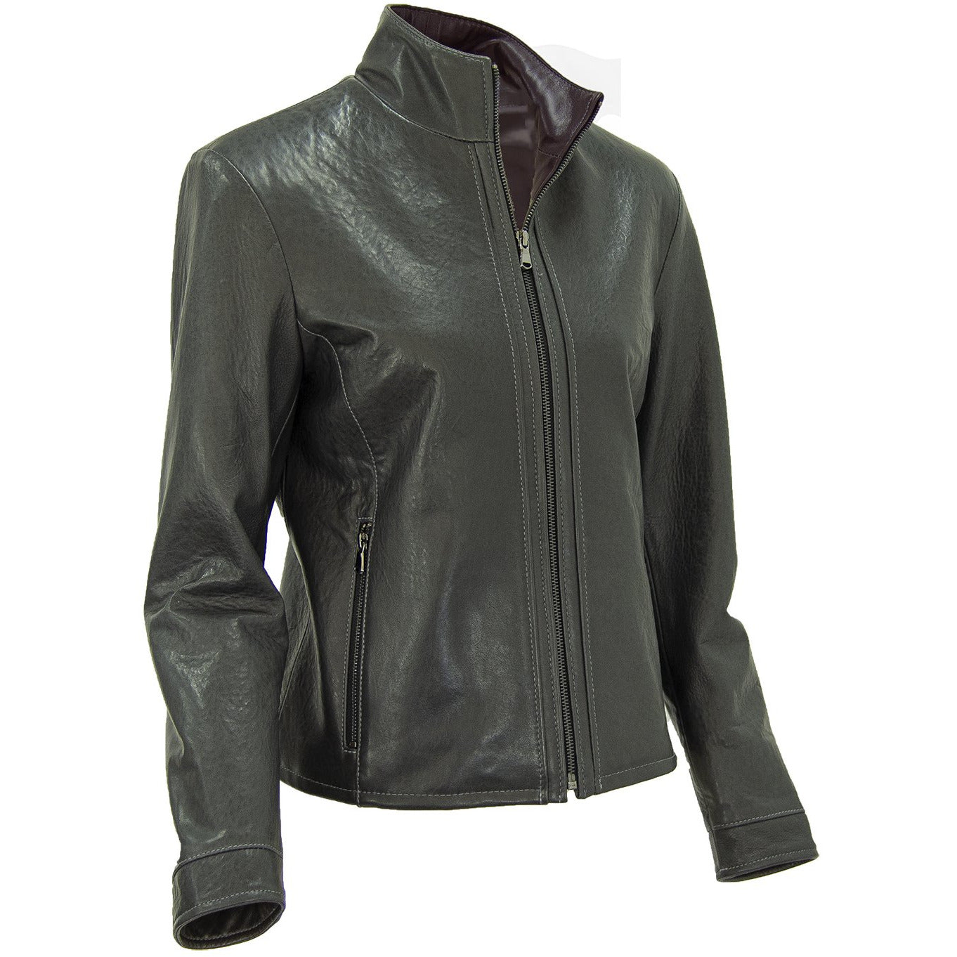 3051- Ladies Zip Up Leather Jacket in Smoke/Rustic