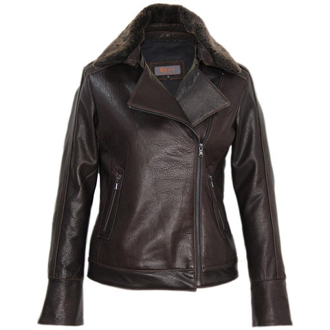 3062- Ladies Zip Up Leather Jacket With Shearling Collar in Rum