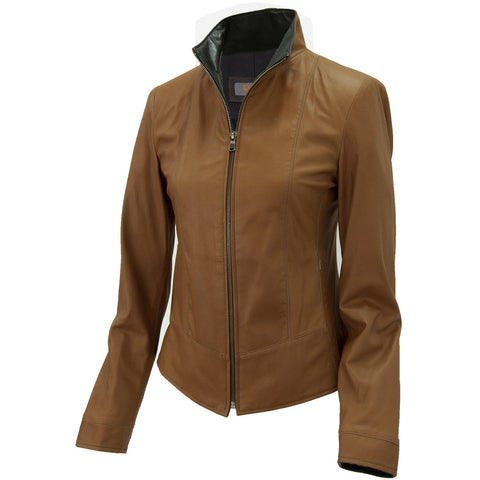 3074- Ladies Zip Up Leather Jacket in Tobacco/Cognac