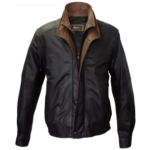 6005 - Mens Leather Double Collar Bomber Jacket in Peat/Timber