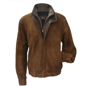 6005 - Men's Leather Double Collar Bomber Jacket | Safari/Cognac