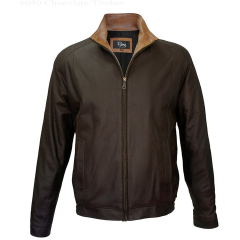 6040 - Mens Single Collar Leather Bomber Jacket in Chocolate/Timber