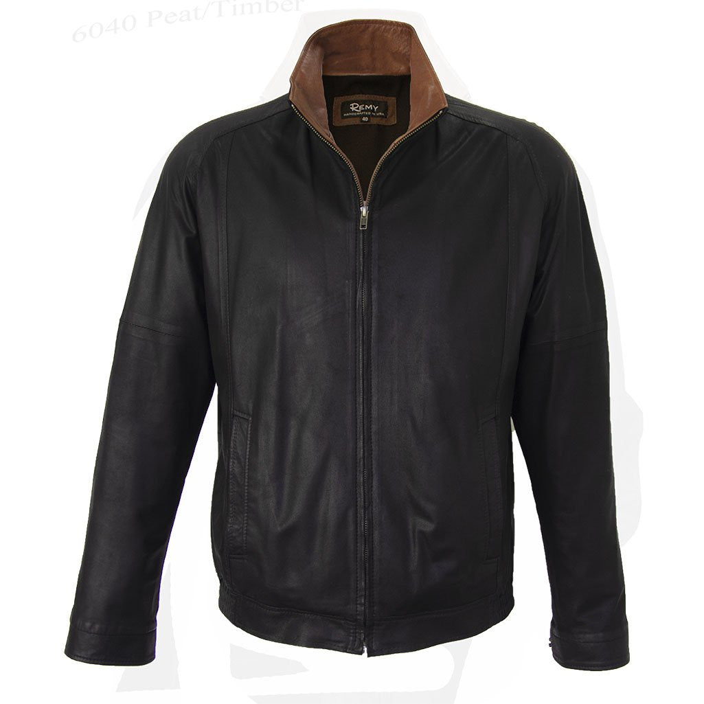6040 - Mens Single Collar Leather Bomber Jacket in Peat/Timber