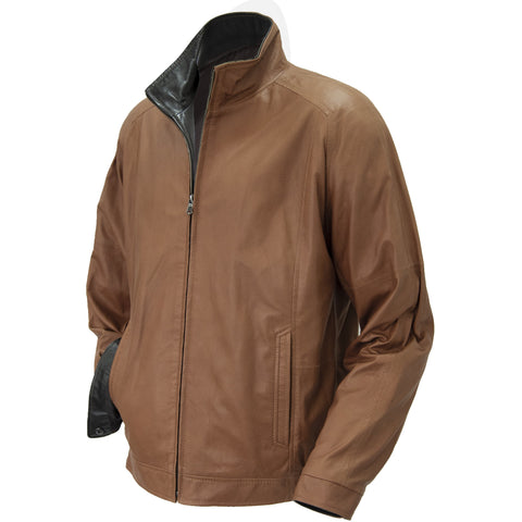 6040 - Mens Single Collar Leather Bomber Jacket in Tobacco/Cognac
