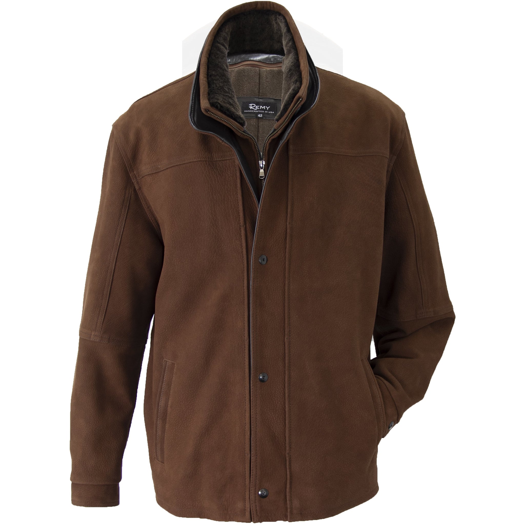 6286 - Mens Leather Coat with Shearling Fur Collar in Elk/Cognac
