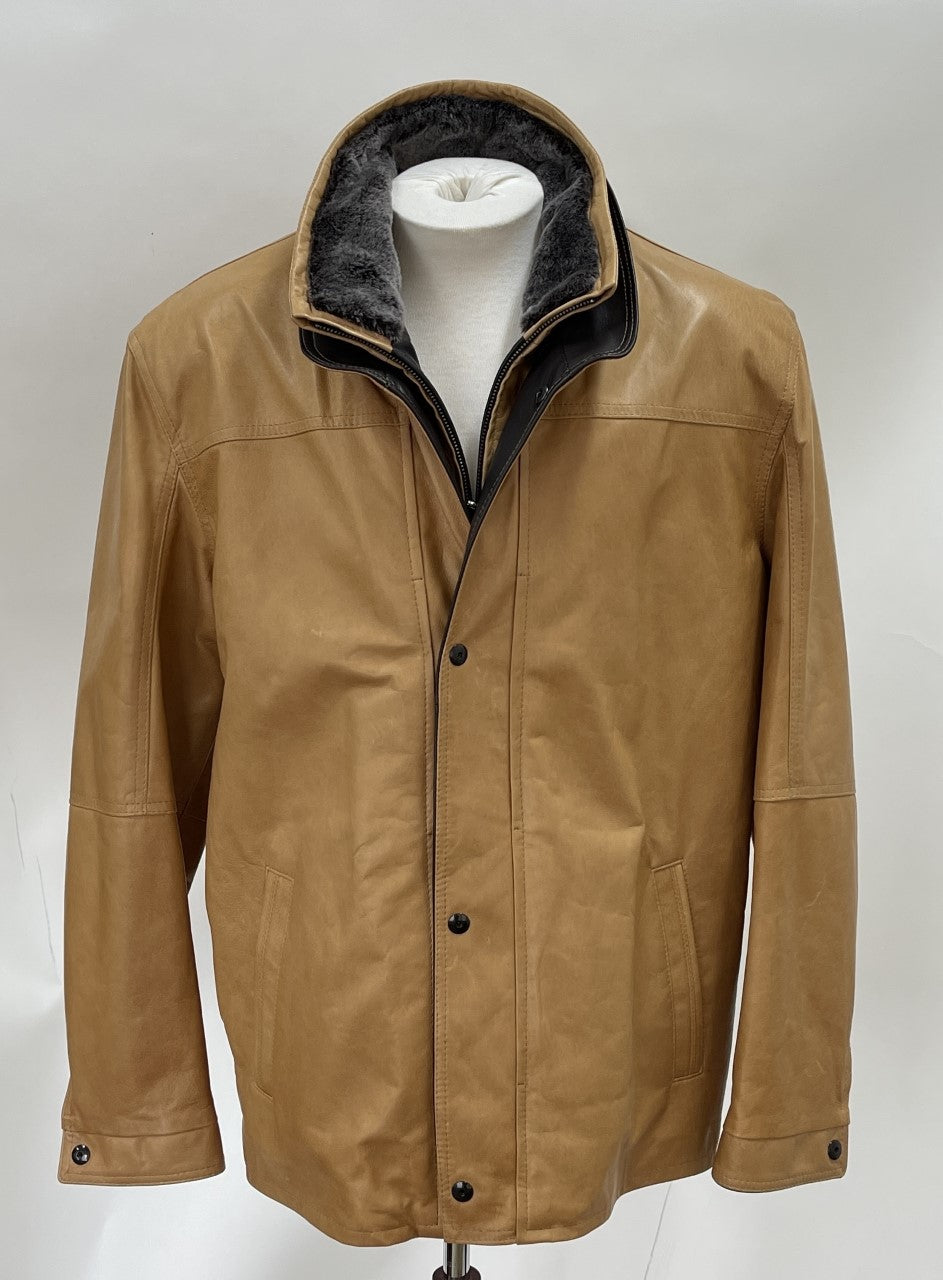 6286 - Mens Leather Coat with Shearling Fur Collar Sand/Cognac