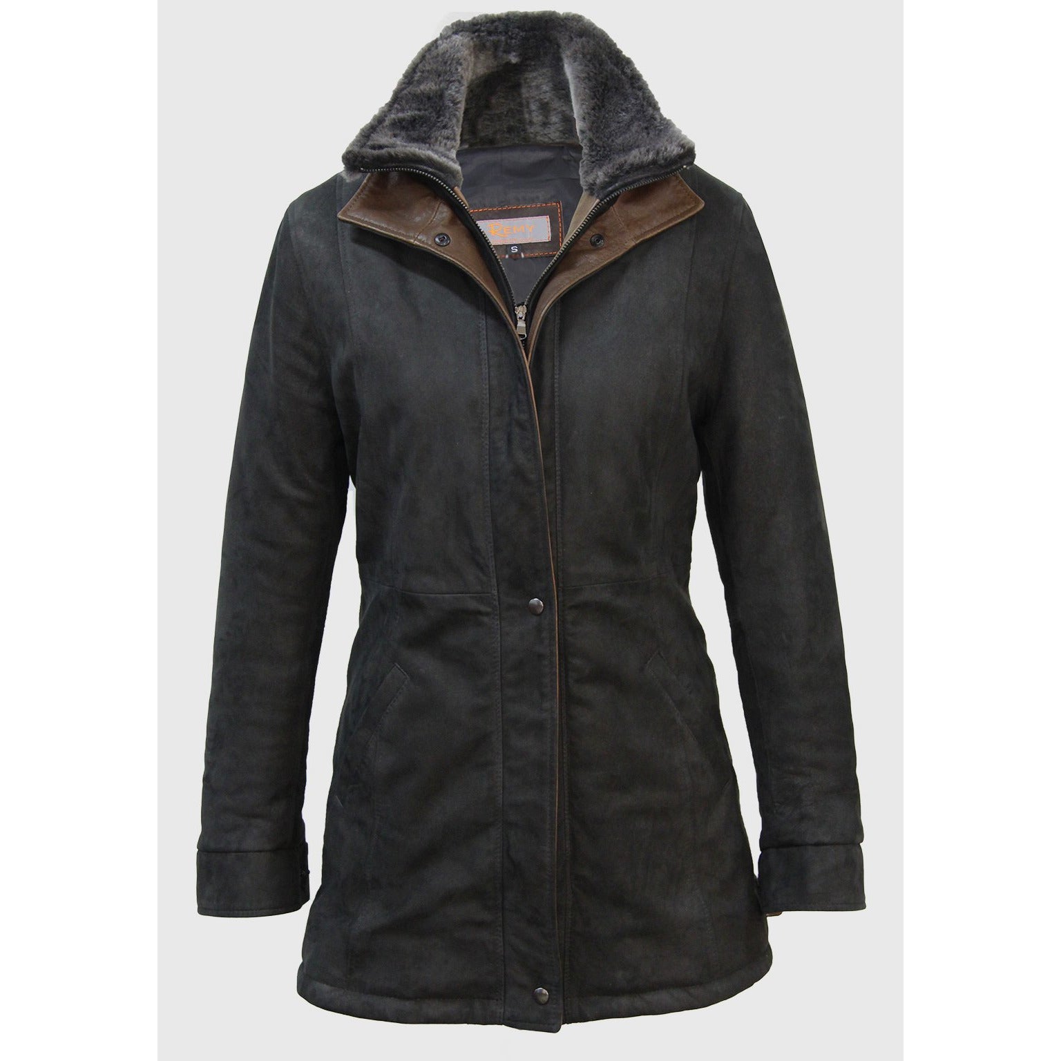 7058 - Ladies Double Collar 3/4 Length Coat with Fur Collar in Shadow/Rustic