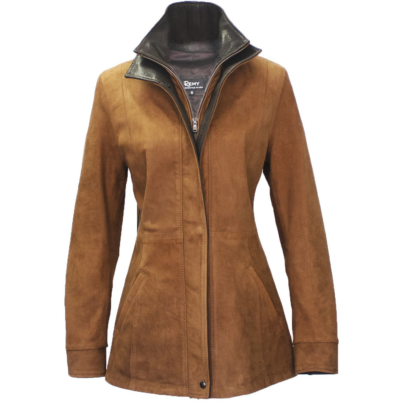 7059 - Ladies Leather Double Collar 3/4 Length Coat in Bourbon/Cocoa