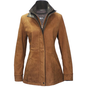7059 - Ladies Leather Double Collar 3/4 Length Coat in Bourbon/Cocoa