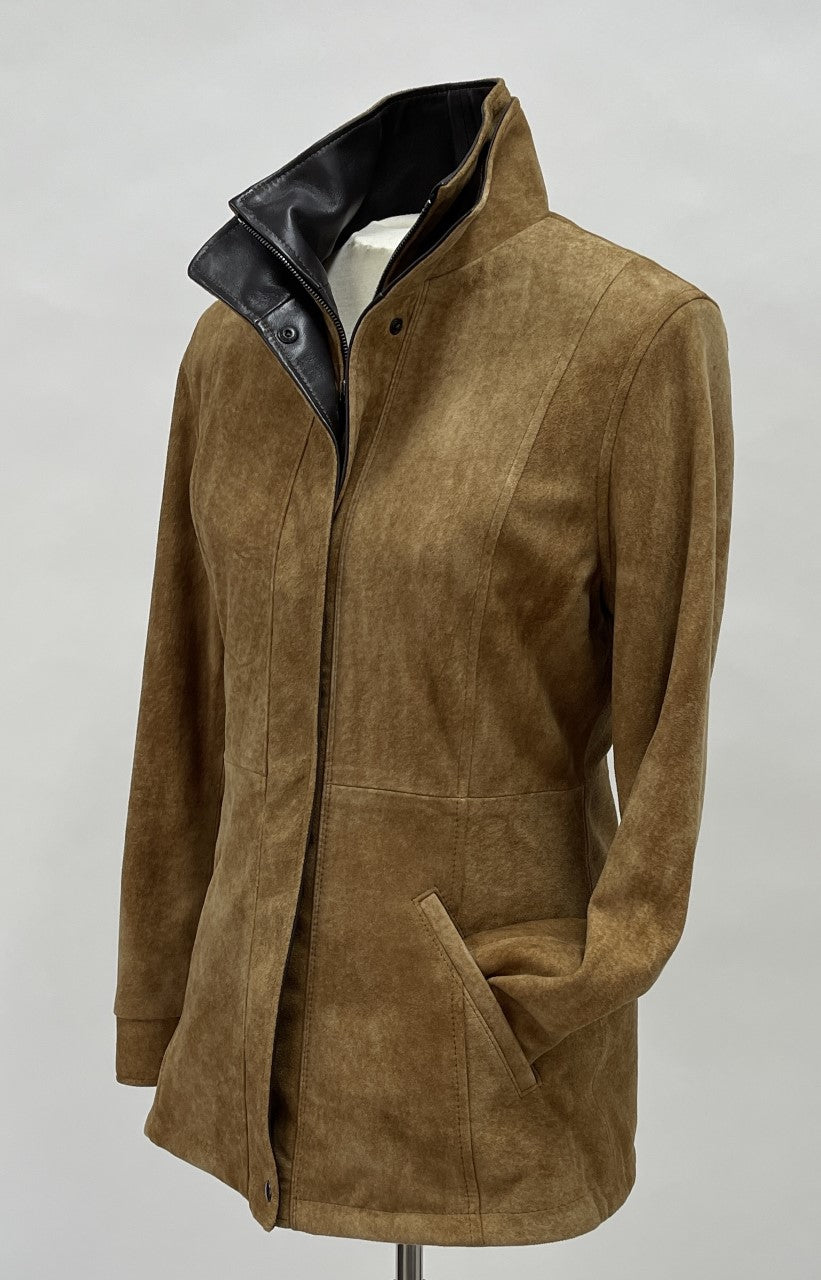 7059 - Ladies Leather Double Collar 3/4 Length Coat | Desert/Cognac