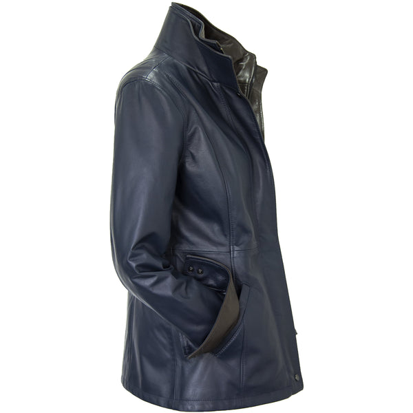 7059 - Ladies Leather Double Collar 3/4 Length Coat in Harbor/Rustic