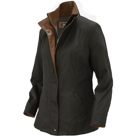 7059 - Ladies Leather Double Collar 3/4 Length Coat in Peat/Timber
