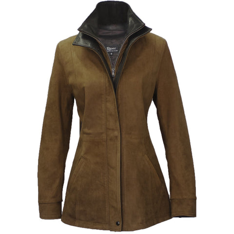 7059 - Ladies Leather Double Collar 3/4 Length Coat in Safari/Cognac