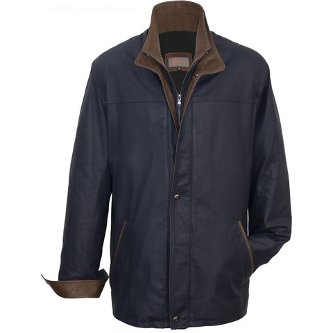 8029 - Mens Leather Double Collar 3/4 Length Coat in Navy/Rustic
