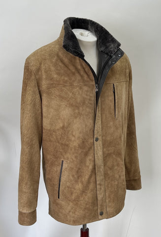 8253 - Mens Wool Lined Double Collar with Shearing Trim 3/4 Length Leather Coat in Desert/Cognac