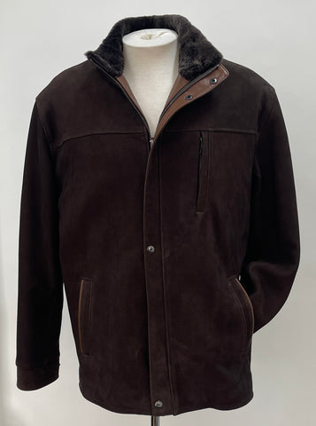 8253 - Mens Wool Lined Double Collar with Shearing Trim 3/4 Length Leather Coat in Oso/Timber