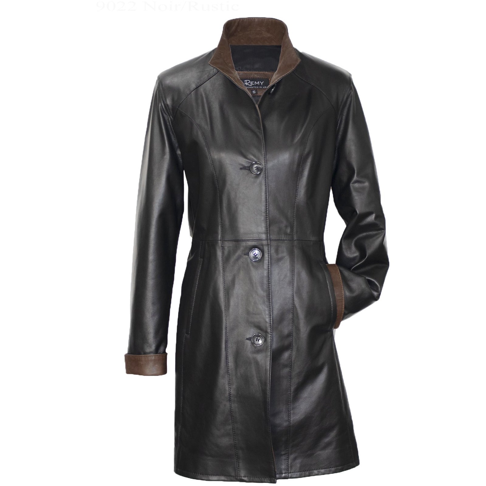 9022 - Ladies Leather Swing Coat in Noir/Rustic